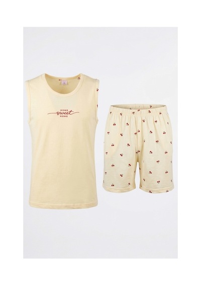 Feg Store Kadın Açık Sarı Kiraz Desenli Şortlu Sıfır Kollu Alt Üst Pijama Takımı