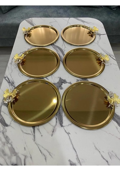 6'li Kelebekli Yuvarlak Gold Sunum Tepsisi Dekoratif Servis Tepsisi Çay, Kahve 22 Cm
