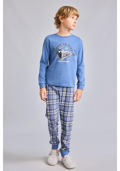 Defacto Regular Fit Baskılı Ve Ekoseli 2li Erkek Çocuk Pijama Takımı H6686a826aube341 Mavi-be341