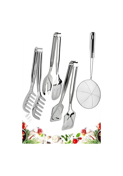 4 Parça Paslanmaz Çelik Makarna Maşası, Salata Maşası, Pasta Maşası, Kevgir Seti Mutfak Seti Gri