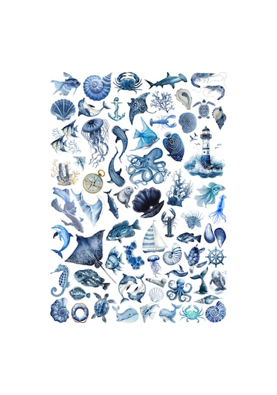 66 Adet Mavi Okyanus Temalı Sticker Seti - Etiket Seti Scrapbook Bullet Journal Çok Renkli