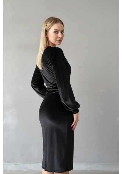 Defymoda Kadın Asimetrik Kesim Kruvaze Elbise Siyah