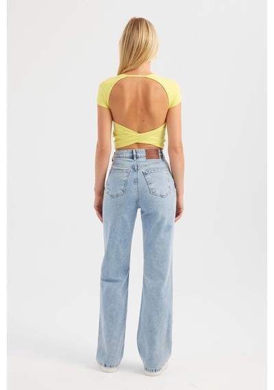 Hiccup Yuvarlak Yaka Çapraz Arka Kısa Kollu Crop Top Sarı