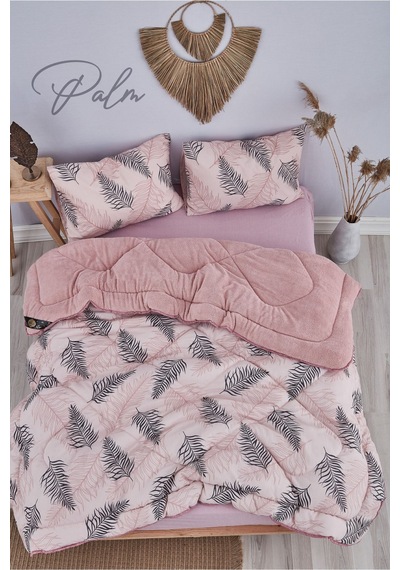 Palm Pembe Desenli Çift Kişilik Çift Taraflı Wellsoft Yorgan Seti - Pembe - 195x215 Pembe Palm