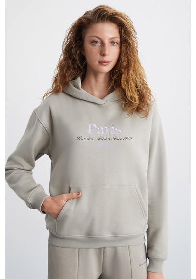 Grimelange Taına Kadın Nakış Detaylı Organik Pamuk Şehir Temalı Regular Kapüşonlu Bej Sweatshirt