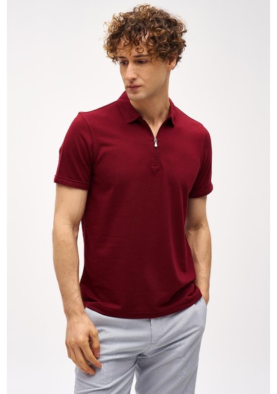 Bordo Slim Fit Dar Kalıp Fermuarlı Polo Yaka Düz Kısa Kollu Tişört-16407 Bordo