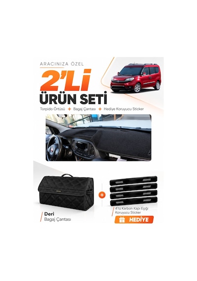 Fiat Doblo Tam Kapalı 2015-2023 Uyumlu Torpido Örtüsü + Deri Bagaj Çantası + Sticker Seti - Siyah