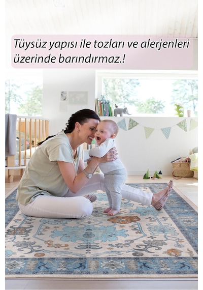 Foldy Vintage Desenli Dokuma Taban Dekoratif Mavi Halı Fl 40 Mavi 4