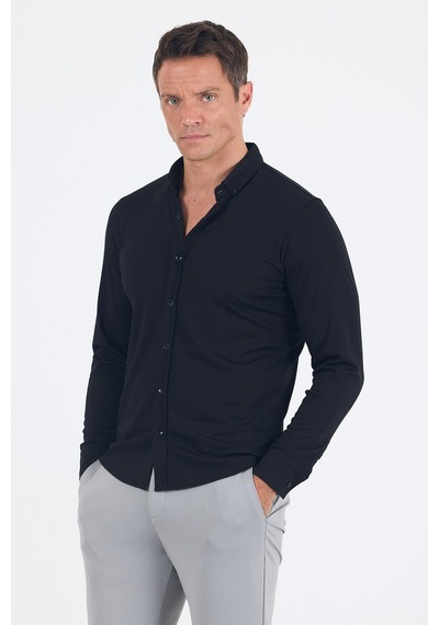 İmza Siyah İtalyan Düğmeli Yaka Uzunkol Cepsiz Slim Fit Gömlek 1004250254 Siyah