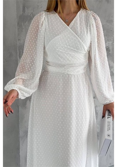 Neşeli Butik Kadın Kemer Detaylı Astarlı Ponpon Şifon Elbise Nbkklf2052 Ekru
