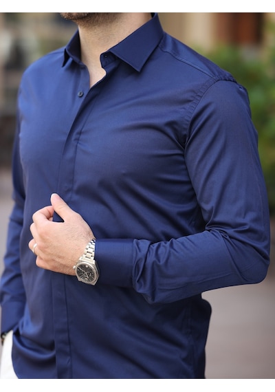 Süper Slim Fit Dar Kalıp Gizli Düğmeli Pamuk Saten Gömlek Lacivert