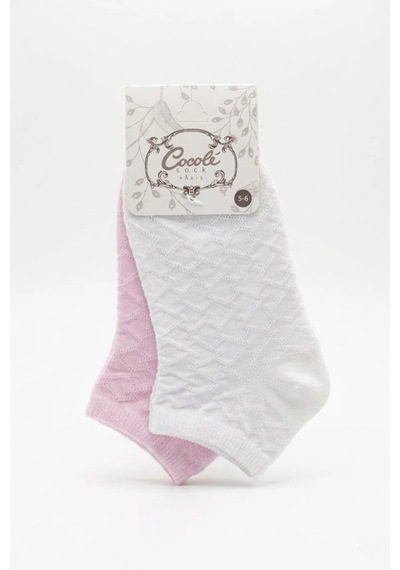 Cocole Socks Kız Bebek Patik Çorabı 2'li Set Pamuklu Beyaz & Pudra Pembe Baklava Desenli Çok Renkli