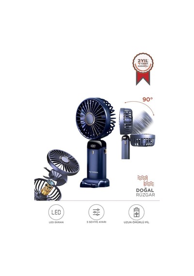 Torima F-19 Lacivert Dijital Ekranlı Şarjlı 90 Derece Ayarlanabilir Başlıklı Mini Masa Fan Vantilatör