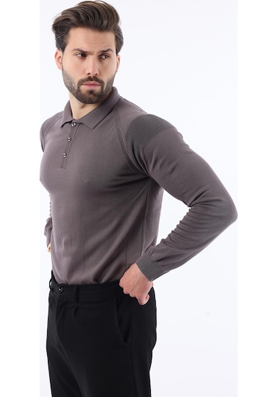 Madmext Koyu Gri Polo Yaka Dokulu Uzun Kollu Kazak E7264 Koyu Gri