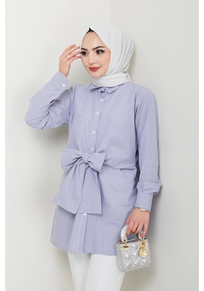 Nevayla Moda Çizgili Poplin Bağlamalı Gömlek - Lacivert / Ü103 Lacivert
