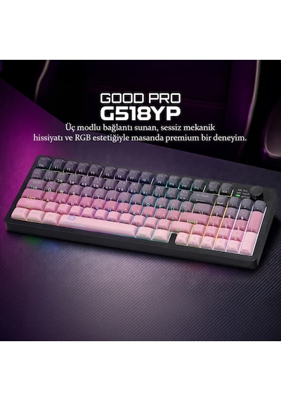 Good Pro G518yp Tri Mode Gaming Klavye Rgb Sessiz 95 Tuş Pembe