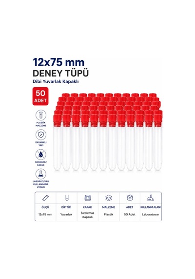 12x75 Mm Deney Tüpü Dibi Yuvarlak Kapaklı 50 Adet