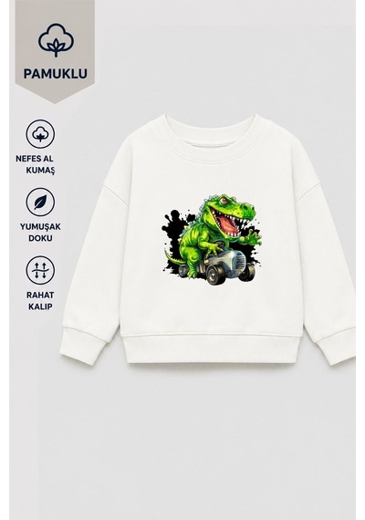 Monila Erkek Çocuk 3 İplik Kumaş Dinozor Baskılı Pamuklu Sweatshirt Ekru