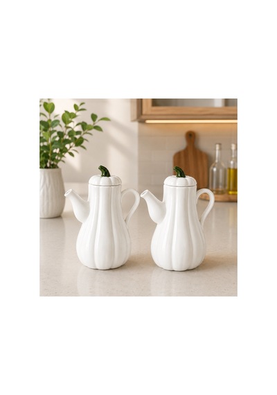 2 Li Porselen Bal Kabak Model Yağdanlık Seti Ayçiçek Yağı Zeytin Yağı Şişesi Herbiri 1000 Ml Beyaz Beyaz