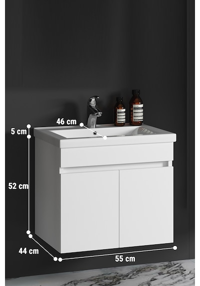 Çiğdem 55 Cm Beyaz Balon Mdf Seramik Lavabolu Asma Banyo Alt Dolabı Beyaz