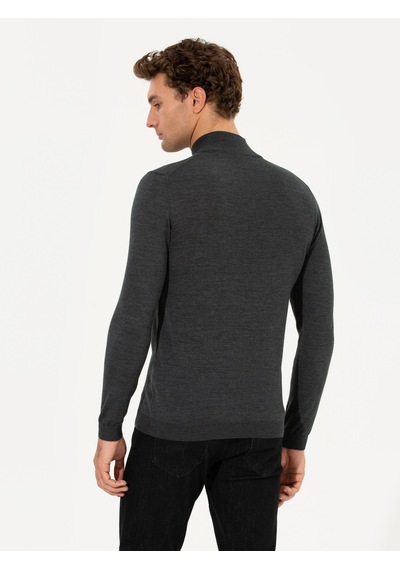 Cacharel Antrasit Melanj Slim Fit Yarım Balıkçı Basic Triko Kazak Gri