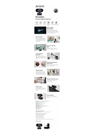 A4 Tech Pk-930ha Full Hd 1080p Oto-fokus, Geniş Görüntü Açısı, 360 Derece Hareket, Af Dijital Mikrofonlu Webcam