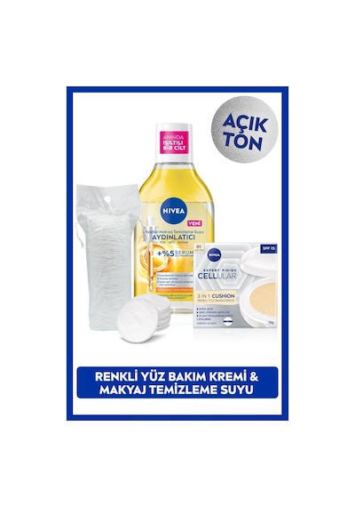 NIVEA Micellar Makyaj Temizleme Suyu 400 ML + Cellular Expert Cushion Yüz Güneş Kremi Açık Ton 15 G + Pamuk