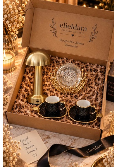 Doğum Günü, Özel Gün, Yeni İş, Yeni Ev Hediyesi Gold Kulplu İkili Porselen Fincan, Kristal Obje Ve Masa Lambası Seti