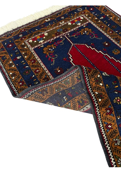 El Dokuma Sıfır Yahyalı Seccade 86x140 Lacivert Kırmızı Kök Boya %100 Yün Namazlık