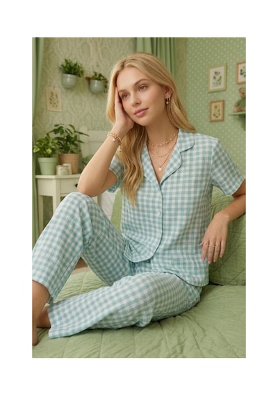 Fit Women Kare Desenli Bürümçük Kumaş Kısa Kollu Pijama Takımı 6065 Su Yeşili