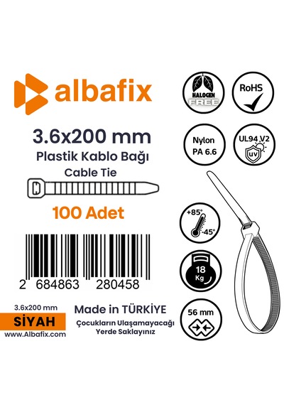 3.6x200 Mm Siyah Plastik Kablo Bağı Klipsi Cırt Kelepçe 100 Lü Paket 100 Adet - Siyah