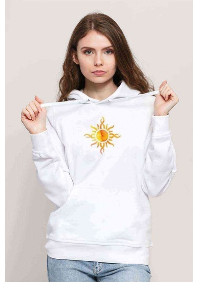 Watercolor Sun Baskılı Kadın Kapüşonlu Beyaz Sweatshirt