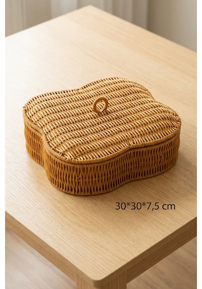 Plentiful Kapaklı 5 Bölmeli Plastik Rattan Organizer Kutu Hasır Desenli Çok Amaçlı Saklama Ve Sunum Bej - Şeffaf