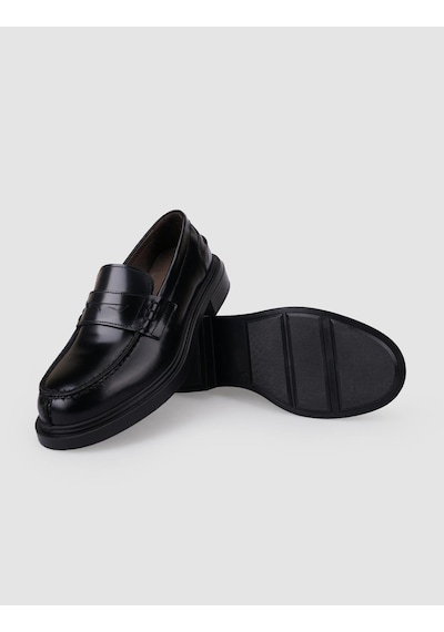Hakiki Deri Siyah Açma Kadın Loafer Siyah