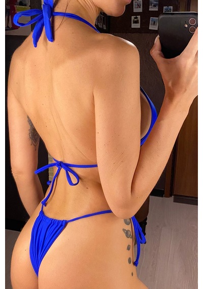 Moda Dua Kadın Mavi Yandan Bağlamalı Tangalı Üçgen Bikini Mayo Takımı
