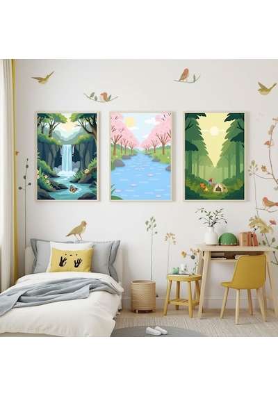 Besay Doğa Kaşifi Çocuk Odası Manzara Tablosu Kamp Ve Şelale Temalı Bebek Odası Posteri 3'lü Set A4 Çerçevesiz