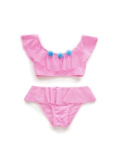 Endeep Kız Çocuk Volanlı Aksesuarlı Açık Pembe Bikini Takımı Pembe