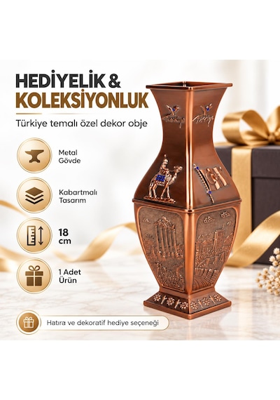 Türkiye Temalı Alaşım Metal Vazo 18 Cm Bronz Bakır Renk Kabartma Desenli Dekoratif Hediyelik Biblo