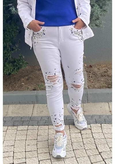 Mia Butik Kadın Beyaz Star Jean Pantolon Beyaz