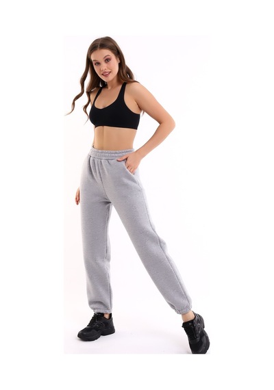 Winmoda34 Jogger Bol Kesim Kalın 3 Iplik Şardonlu Eşofman Altı Kadın gri