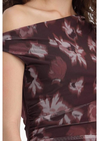 Defacto Bodycon Vücudu Saran Açık Omuz Çiçek Desenli Tül Maxi Elbise F0421ax25aubr232 Bordo