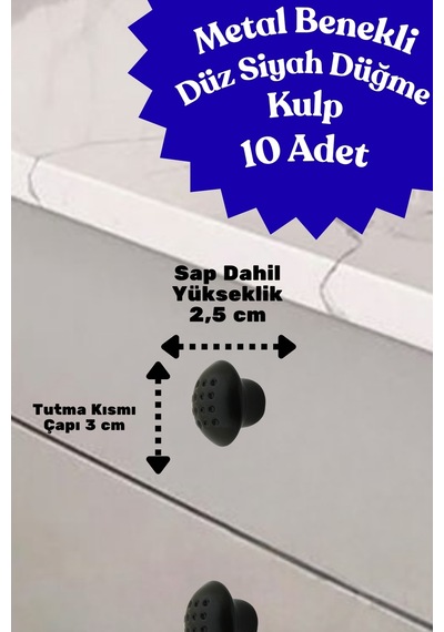10 Adet Metal Benekli Yuvarlak Düğme Kulp - Çocuk Odası, Mutfak Ve Dolap İçin Modern Çekmece Kulbu Siyah Siyah