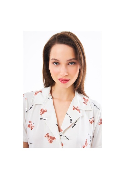Cottonhill Premium Kadın Pijama Takımı Ayıcık Desenli Yumuşak Dokulu Kısa Kollu Gömlek Yaka Krem