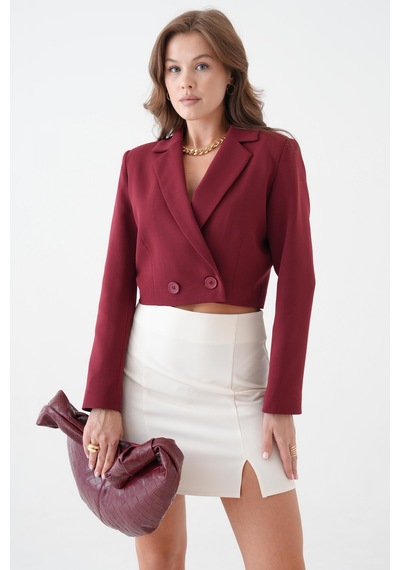 Bordo Kruvaze Crop Blazer Ceket Bordo