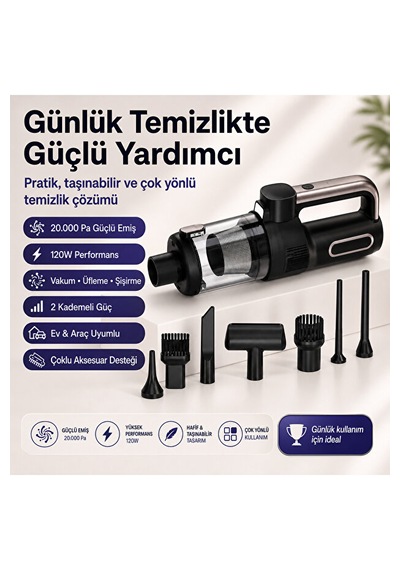 El Tipi Süpürge 20.000 Pa 120w, 3 Ü 1 Arada Vakum Üfleme Şişirme Özellikli, 2 Kademeli Şarjlı Araç Ve Ev 20000 Pa