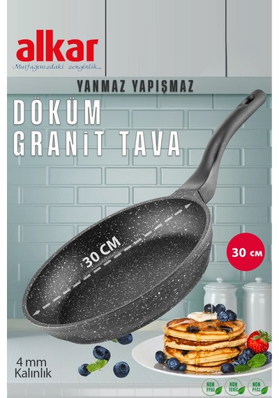30 Cm Granit Döküm Tava Yanmaz Yapışmaz Ağır Döküm Siyah