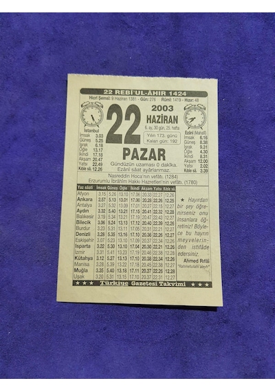 22 Haziran 2003 Takvim Yaprağı - Nostaljik Koleksiyonluk Takvim Yaprağı