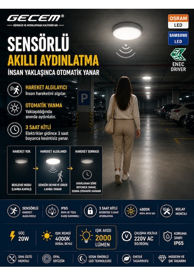 Gecem 20w Sensörlü Led Armatür 4000k Doğal Beyaz Ip65 Acil Aydınlatma Özellikli Ilık Beyaz