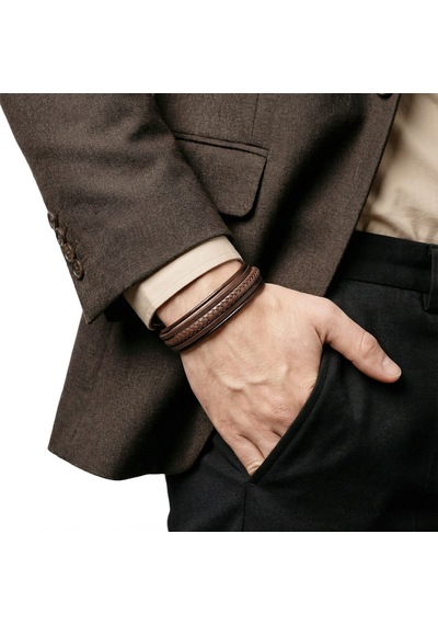 Premium Kahve Tüp Örgü Ve Çoklu Deri Bileklik - Zamak Kilit 31833b2d5z - 21 Cm Kahverengi