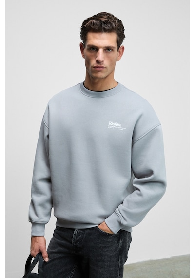 Grimelange Ernest Erkek Organik Pamuklu Yumuşacık Baskı Detaylı Bisiklet Yaka İçi Polarlı Açık Gri Sweatshirt